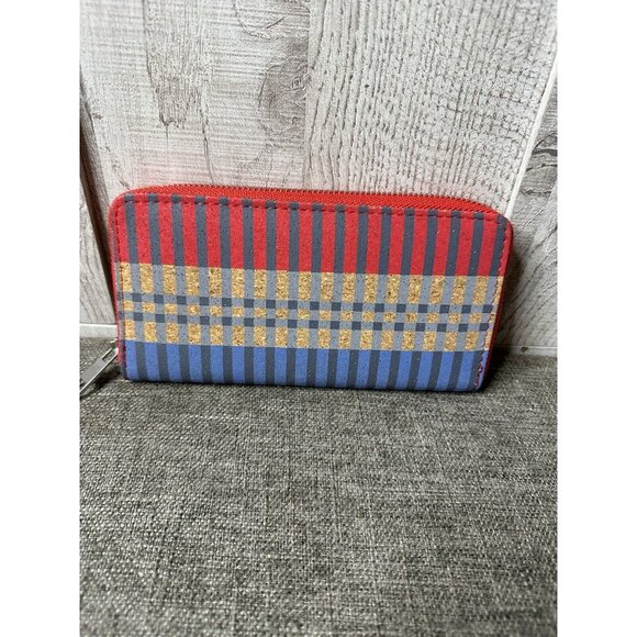 Maurices Womens Blue Red Gray Striped Cork Zip Around Envelope Wallet Organizer - Picture 2 of 5